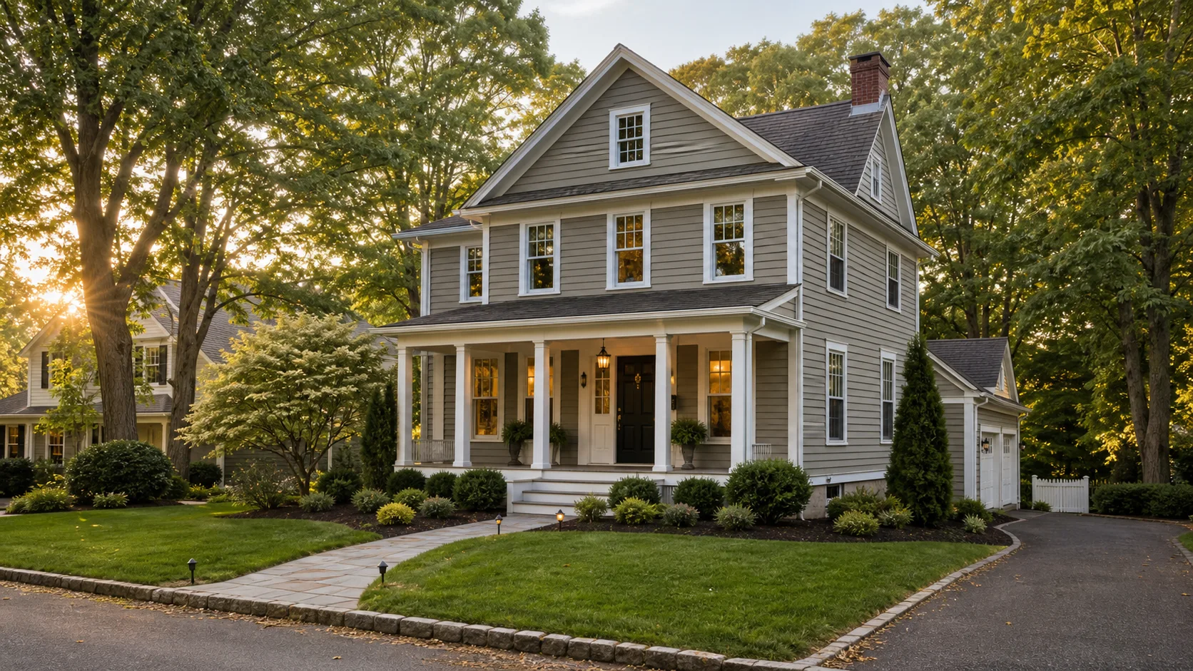 A well-kept Connecticut home with a landscaped front entry in warm afternoon light.