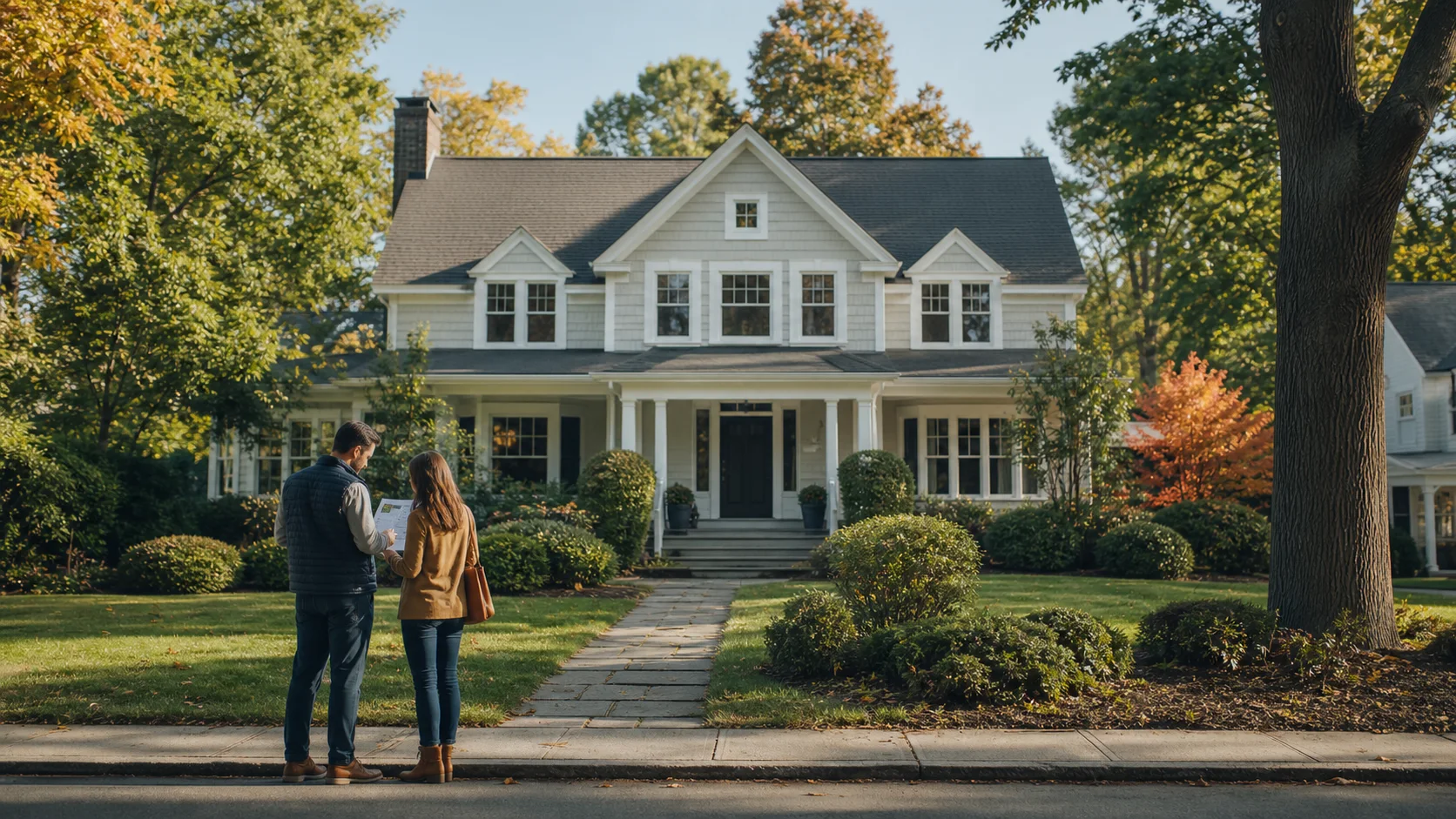 Two prospective buyers reviewing a checklist outside a classic Connecticut home.