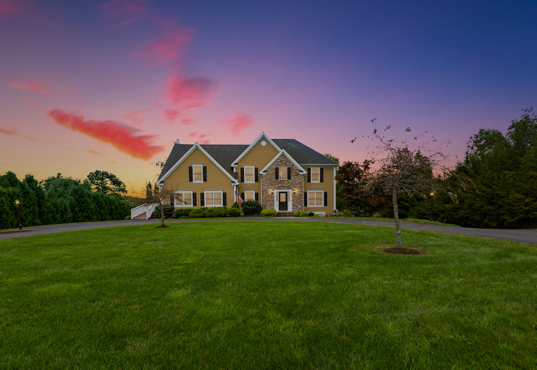 A suburban home at sunset